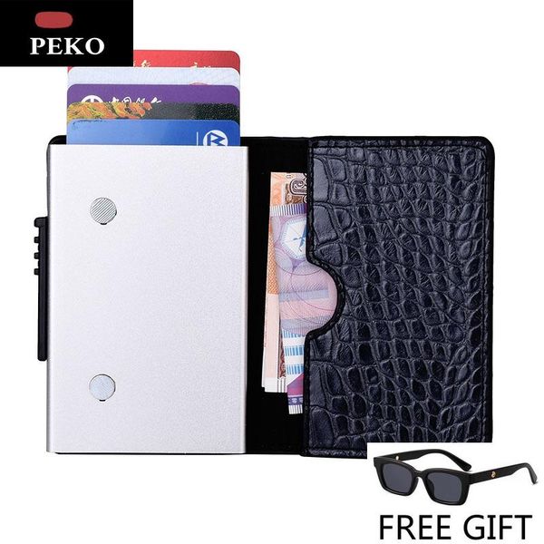 

card holders rfid box case aluminium+leather fashion holder wallet manual slider anti-scan cover men women, Brown;gray