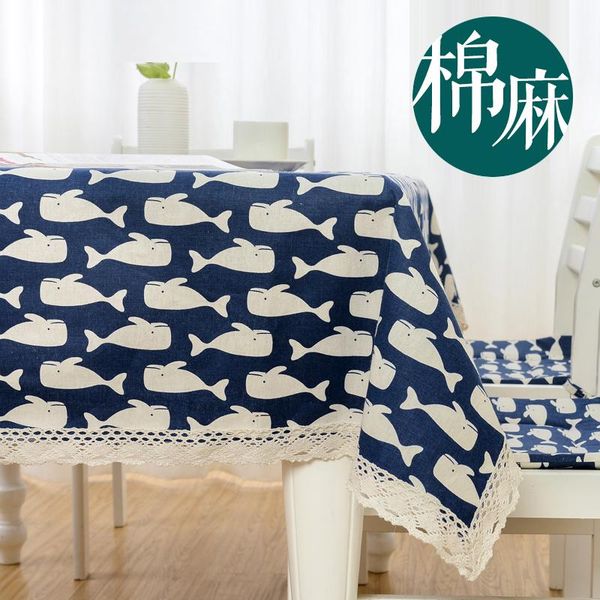 

cotton linen cloth print white whale blue bottom customed tablecloth cover table deco 1214 f