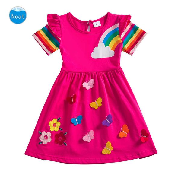 Jxs Neat Mädchen Sommer Baumwolle Kurzarm Kleid Regenbogen Blumen Schmetterling Stickerei Mädchen Casual Kleider für 3-8 Jahre Q0716