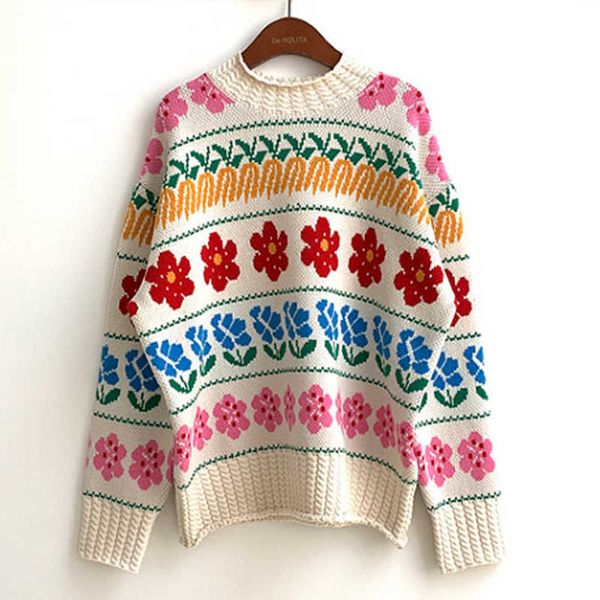 

perhaps u women sweater knitted pullovers long sleeve crew neck navy blue beige floral m0450 210529, White