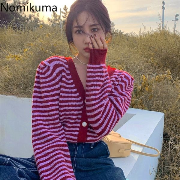 Nomikuma Hit Striped Sweater Cardigan Outono Inverno Puff Manga Longa V-Neck Causado Causal Causal Knitwear 6D059 210427