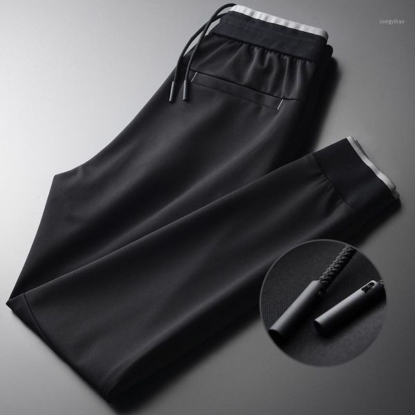 

men's pants men luxury autumn twill fashion contrast color slim fit mens trousers plus size 4xl elastic waist sport man, Black