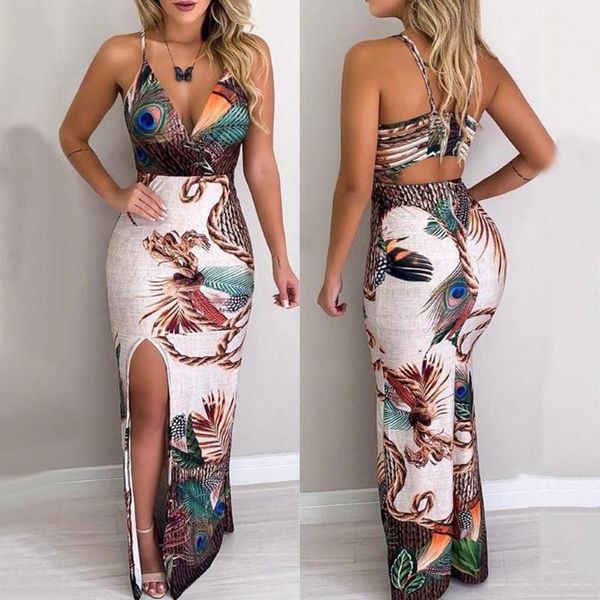 

s arrival boho women peacock feather print v neck backless slit bodycon maxi slip dress wholesale drop casual dresses, Black;gray