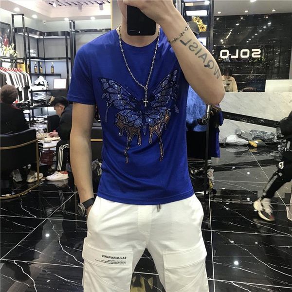 

european selling 100% cotton personalized mens fashion rhinestone pattern short sleeve, White;black