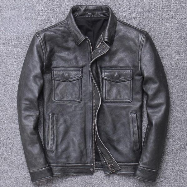 

men's leather & faux spring vintage genuine jacket men autumn 2021 100% real cowhide male coat biker jackets for chaquetas hombre gxy90, Black