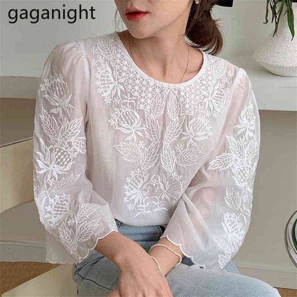 

summer women elegant floral embroidery blouses long sleeve see-through office ladies white shirt female chemise 210601
