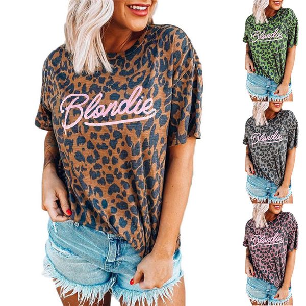 

leopard print women's blondie print round neck short sleeve t-shirt, White