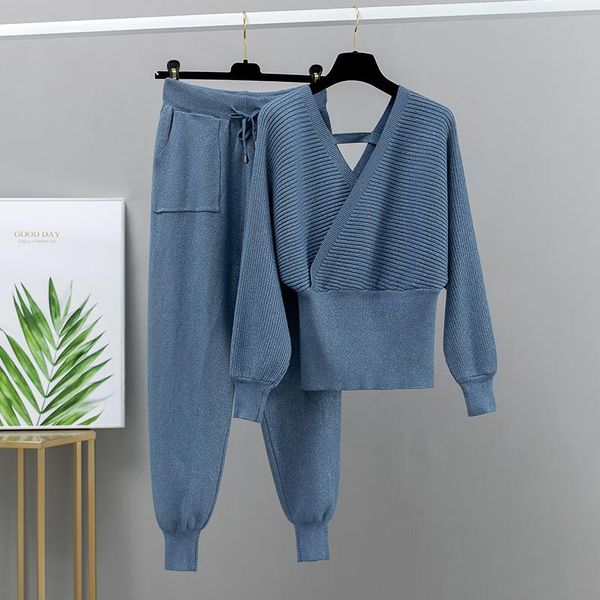 

women's two piece pants 2 sweater tracksuits women harrem + double v neck pullover set autumn winter knitted clothing 2021, White