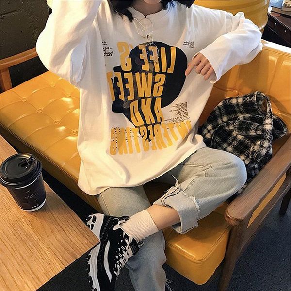 

women's long-sleeved t-shirt bottoming shirt spring and autumn all-match loose super fire top, White