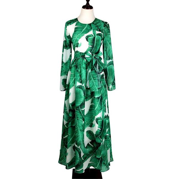 

casual dresses s-xxxl autumn lace self-cultivation green leaf printing long-sleeved dress 2021 runway designer elegant ladies, Black;gray