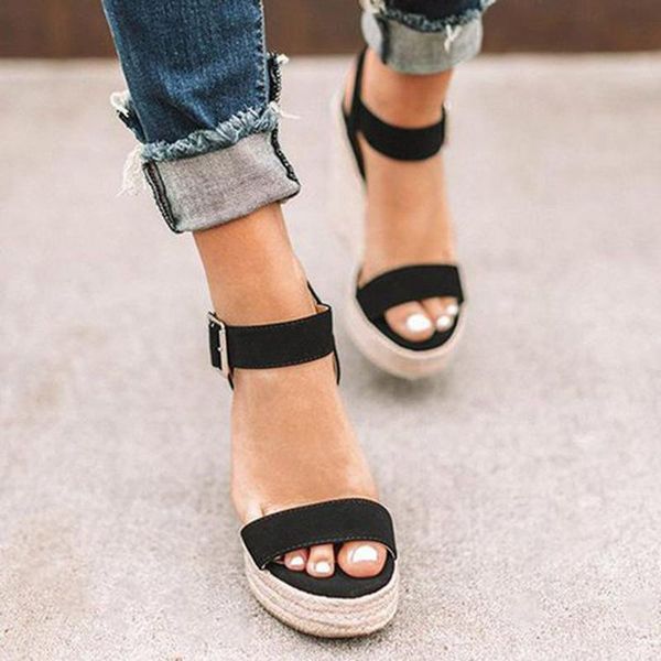 

sandals women's summer large size spot wedge buckle belt european american open toe high heel shoes, Black