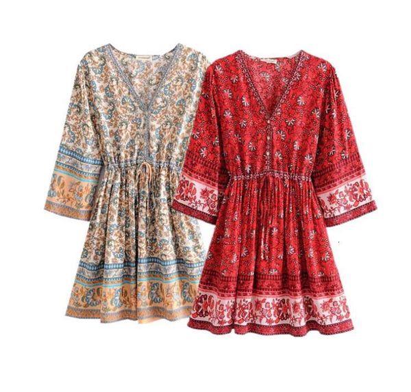 

casual dresses women floral print bohemian beach es v-neck elastic waist 3/4 sleeve short spring summer boho holiday mini xjv0, Black;gray