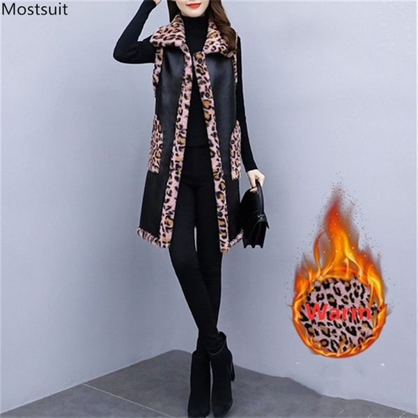 

winter women vest ladies long leopard waistcoat with pockets fashion elegant leather loose plus size warm coat gilet 210513, Black;white