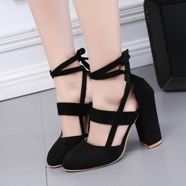 

dress shoes goxpacer autumn women pointed toe flock pumps thick heels ankle strap cross shallow band single fashion 2021, Black