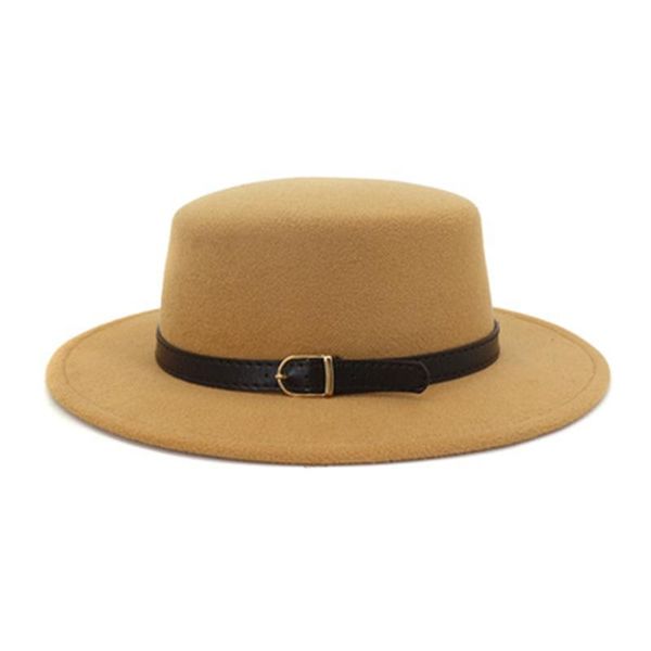 

wide brim hats felted men solid flat belt band classic simple fedora khaki camel black white red casual formal dress winter, Blue;gray
