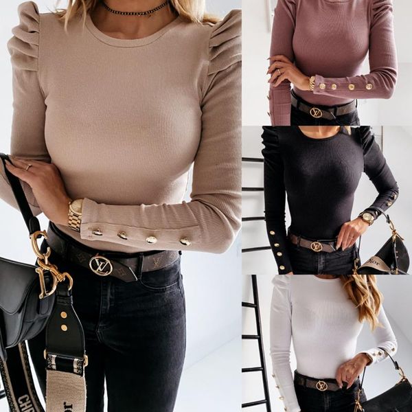 

women's t-shirt solid buttons o-neck shirts ruffles 2021 spring autumn slim bodycon pullovers office lady long sleeve fashion for wome, White
