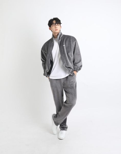 

men's tracksuits autumn winter mens sports suit corduroy leisure two pieces set stand collar zipper jacket + running training trousers, Gray
