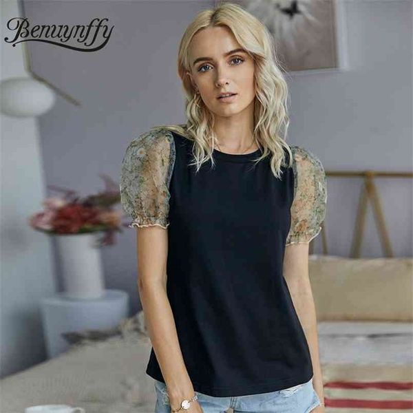 

contrast puff sleeve glamorous t-shirt women summer round neck casual black white elegant ladies t shirt tees 210510