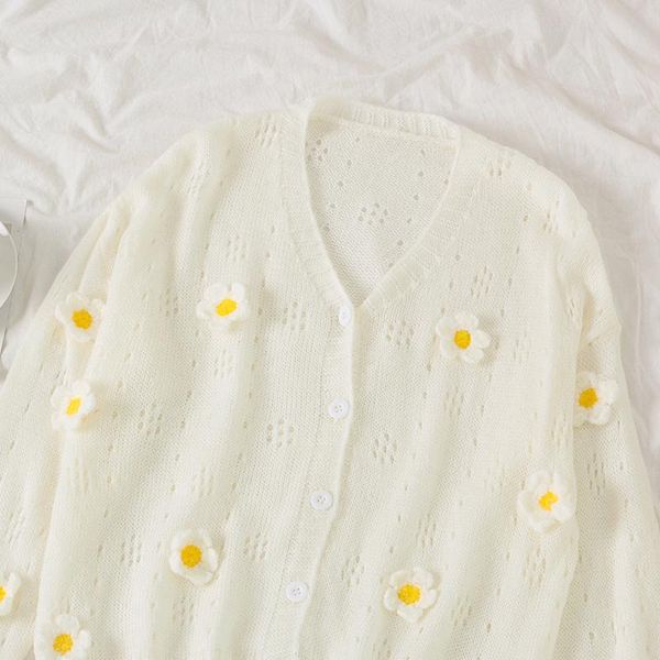 

women knitted sweet sweater spring autumn solid v-neck full flowers loose casual wild female korean fashion cardigans women's knits & t, White