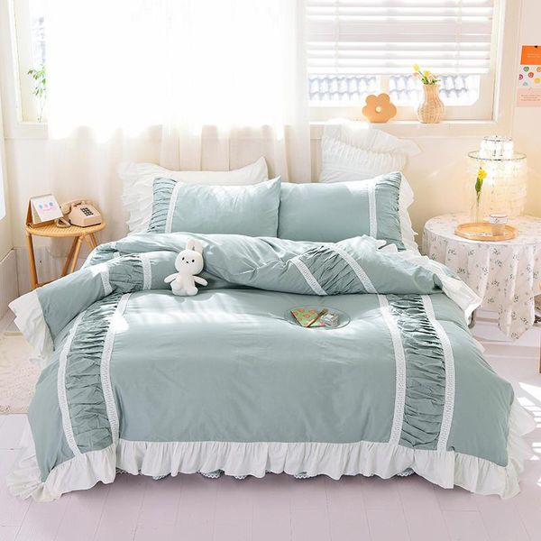 

4pcs all cotton splicing korean version princess style bedding sets  king size duvet cover set bed skirt pillowcase