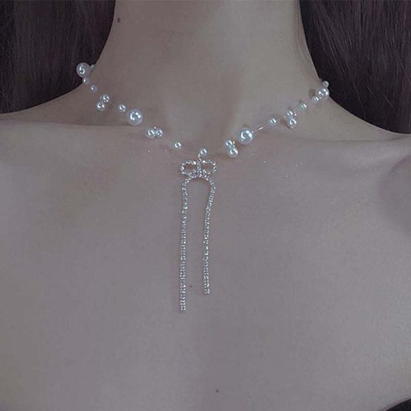 

pendant necklaces retro temperament simple choker necklace pearl bow collarbone chain short elegant lady women accessories, Silver