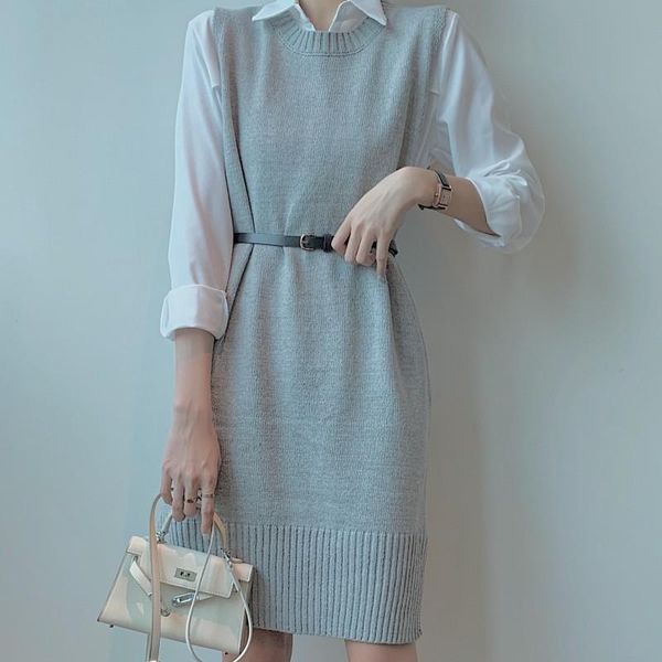 

autumn winter long knitted women sweaters vest pullover sleeveless warm casual solid dresses vestido with belt, Black;gray