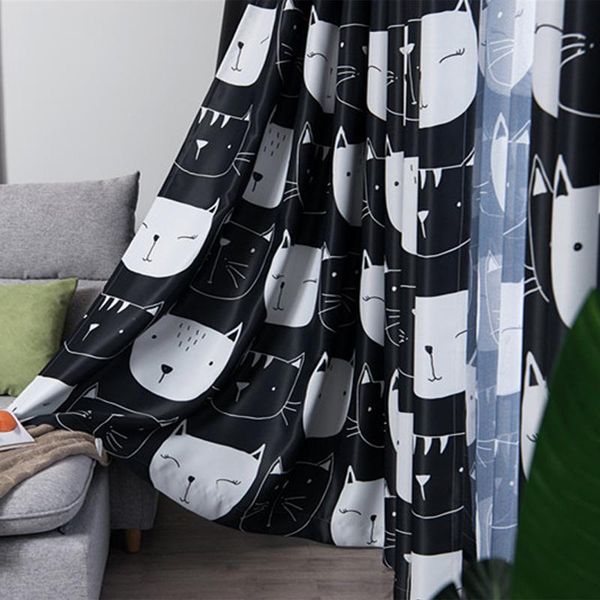 

curtain & drapes children's room cartoon big cat face printed black silk shade curtains for living dining bedroom.