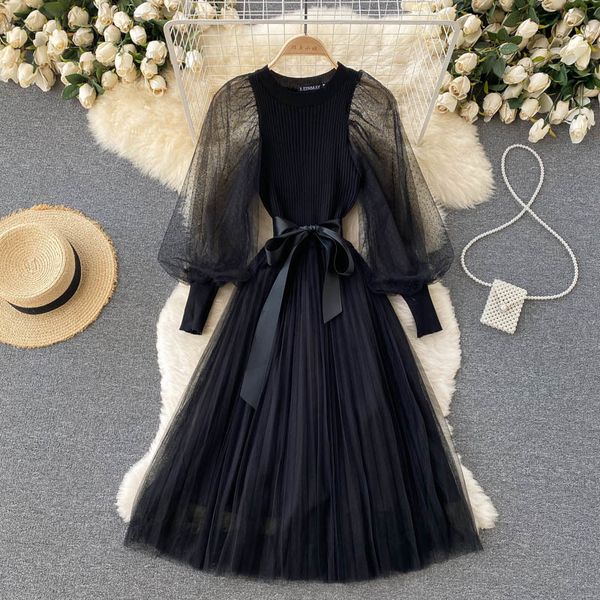 

casual dresses elegant french singiny plissado chic mesh splice long knit to line dressed fall streetwear midi dress epom, Black;gray