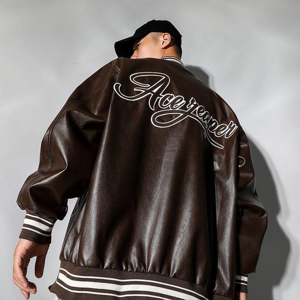 

men's jackets embroidered leather jacket men baseball autumn american fashion retro high street loose casual motorcycle trend, Black;brown
