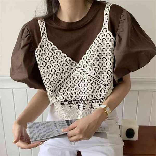 

korea chic summer gentle round neck lace hollow blouse crochet stitching fake two-piece lantern sleeve shirt woman 210529, White