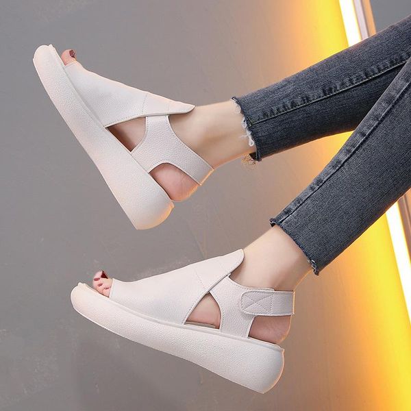 

dress shoes woman summer female hook sandals leather platforn women fashion loop peep toe wedges ladies women's comfortable footwear, Black