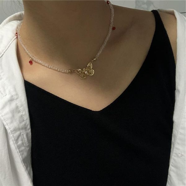 

korean fashion butterfly pendant necklaces for women cute transparent beads chain statement necklace jewelry girl party gift chokers, Golden;silver