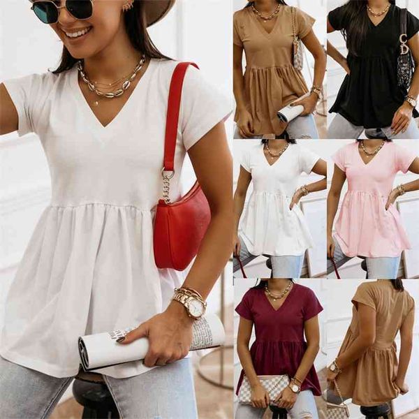 T-shirt das mulheres Verão Básico Long T Shirt Top Mulheres Sólida V Neck Manga Curta Casual Feminino Loose Tee Femme 210517