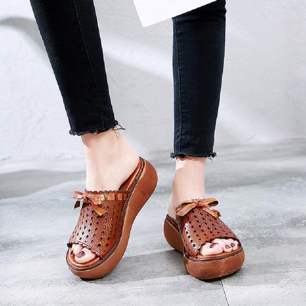 

slippers summer retro fashion women genuine leather open toe bowknot hollow sewing platform lady sandals 20210304, Black