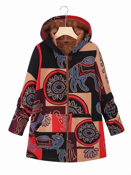 

plus abstract print thermal lined hooded coat r2cc#, Black