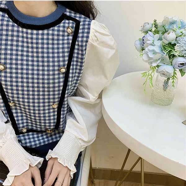 

french gentle wind hubble-bubble sleeve splice plus two knit female celebrities qiu dong short checked swea 210429, Black