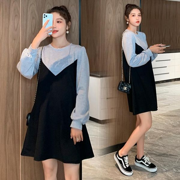 

maternity dresses 218# clothes spring autumn long sleeves o neck loose patchwork cotton dress pregnant women mom, White