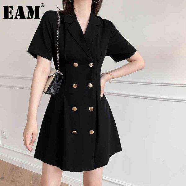 

[eam] women black double breasted pleated elegant dress lapel short sleeve loose fit fashion spring autumn 1x559 210512, Black;gray