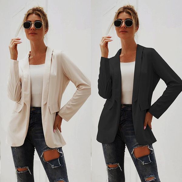 

autumn 2021 solid color long sleeved small suit womens jackets and coats black apricot blazer mujer women's suits & blazers, White;black