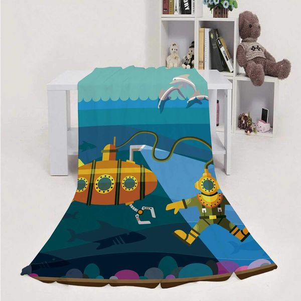 

of Style Flat with Diver and Submarine,Flannel Blanket Super Soft m Cozy Bed Blanket Weight Sofa Throw Blanket