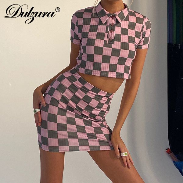 

dulzura plaid print women 2 piece set knitted stripe short sleeve crop mini skirt bodycon streetwear 2021 summer outfit, Black;white