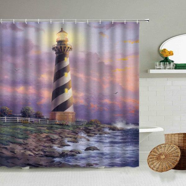 

shower curtains european scenery oil painting curtain lighthouse ocean coast house landscape bathroom deco with hook waterproof screen