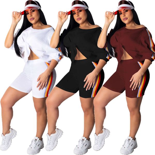 

2020 spring new urban fashion three color rainbow ribbon two piece leisure suit, White