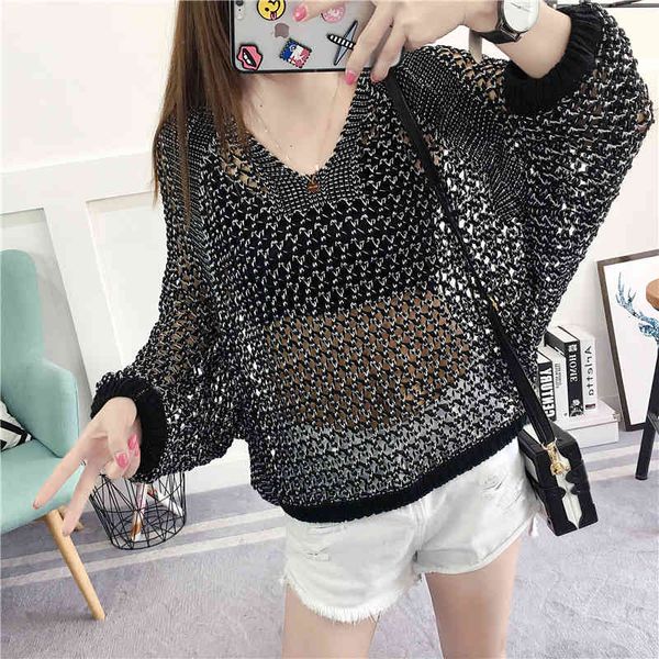 

women's sweaters suÃ©ter feminino de malha grande, estilo coreano solto, oco, gola redonda, manga comprida, pulÃ´ver plus size casual pa, White;black