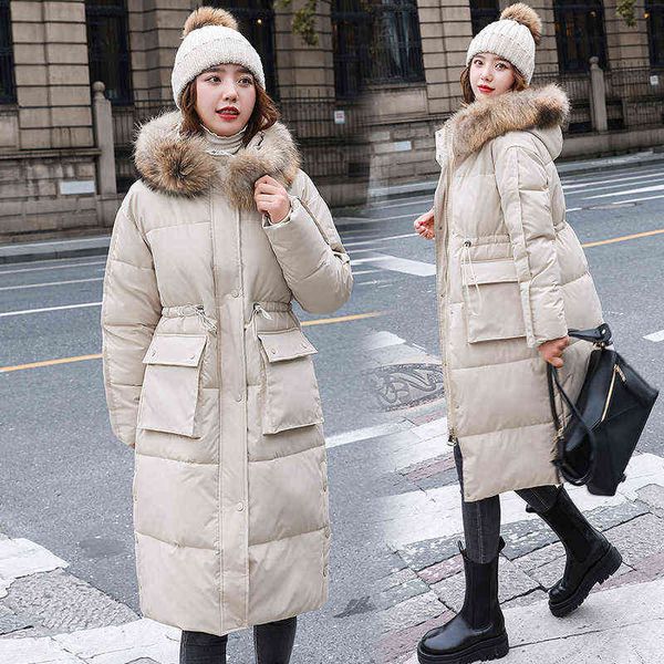 

down cotton jacket women casual self-cultivation mid-length over-the-knee thick coat women's clothing 211130, Black
