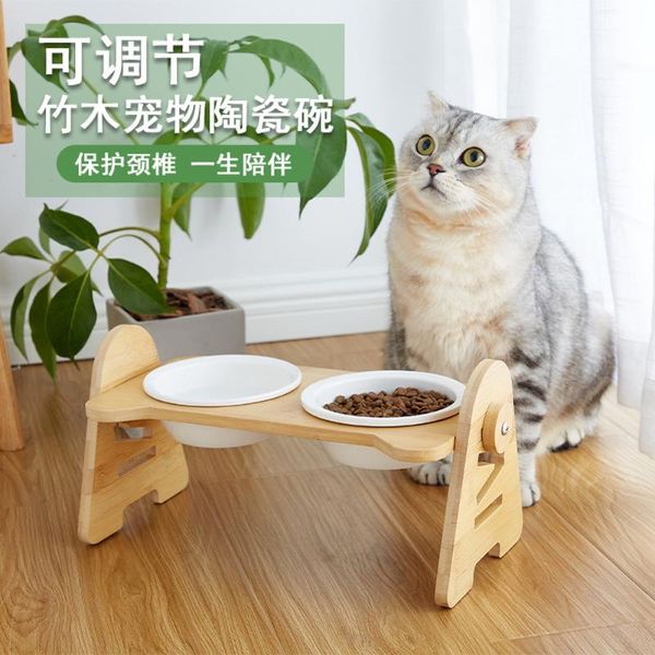 

pet cat raised wood bowls 15 degree neck care adjustable elevated stand feeder for dog and water feeding ceramic & feeders