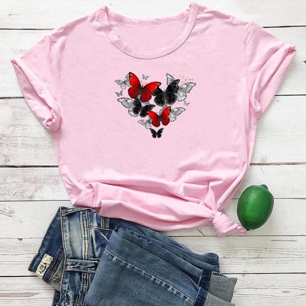 

women's t-shirt red and black butterfly pattern t shirt for women funny aesthetic womens tshirt casual tee femme fashion top, White