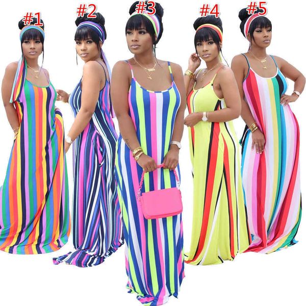

sleeveless women long maxi dress fashion summer colourful stripe printing loose casual suspender dresses with headscarf plus size, Black;gray