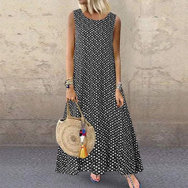 

casual dresses bohemian polka dot printed dress women 2021 summer sleeveless tanks sundress robe vintage beach long vestidos plus size, Black;gray