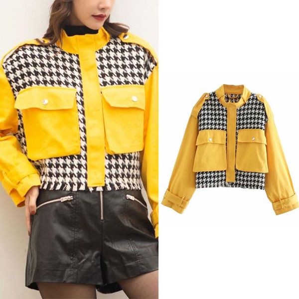 

women's jackets zar 2021 tr autumn jacket winter stitching plaid stand collar coat fashion casual sports style zipper pl983, Black;brown